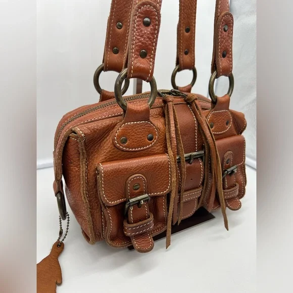 ROOTS VINTAGE Cognac Brown Leather Mini Emily Tassel Double Handles Shoulder Bag - Picture 6 of 16